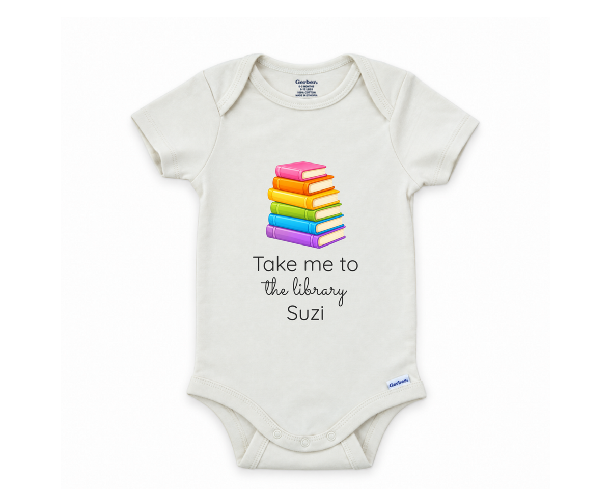 Take Me To The Library bookworm personalized baby bodysuit