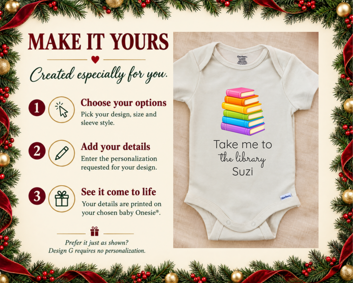 Take Me To The Library bookworm personalized baby bodysuit