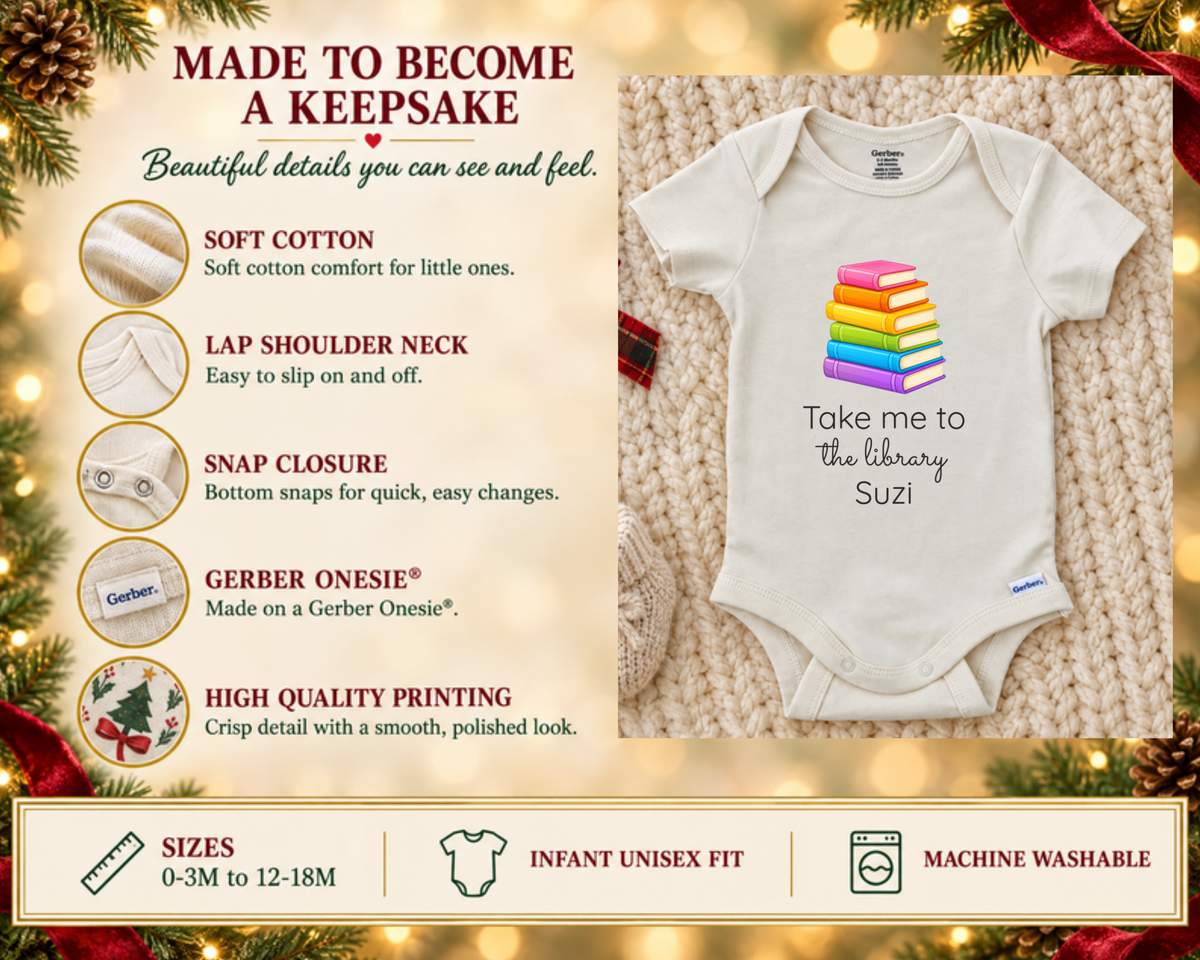 Take Me To The Library bookworm personalized baby bodysuit