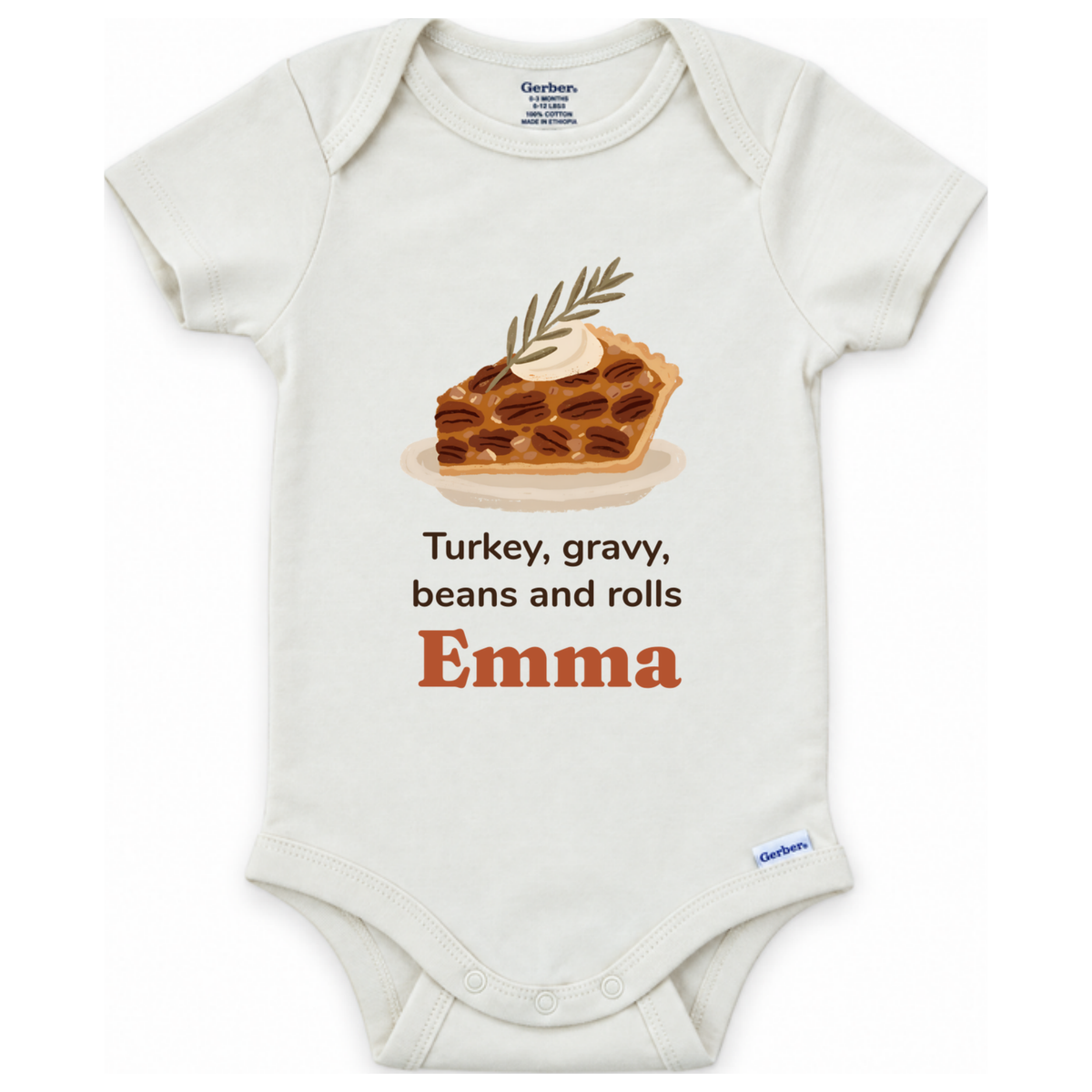 Hand-painted pecan pie personalized Thanksgiving baby onesie