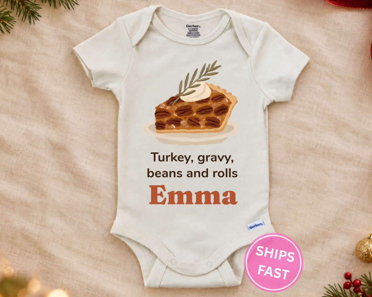 Hand-painted pecan pie personalized Thanksgiving baby onesie