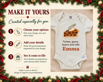 Hand-painted pecan pie personalized Thanksgiving baby onesie