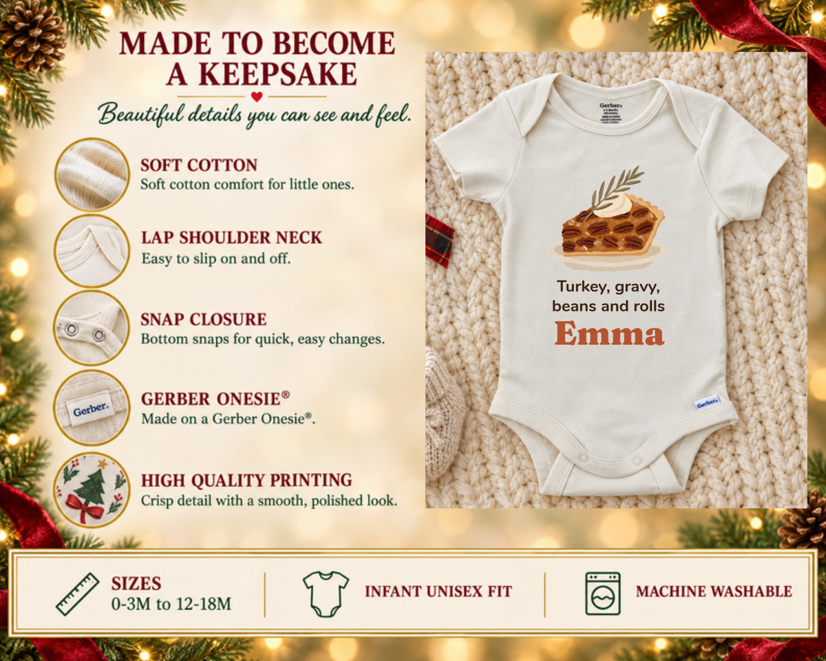 Hand-painted pecan pie personalized Thanksgiving baby onesie