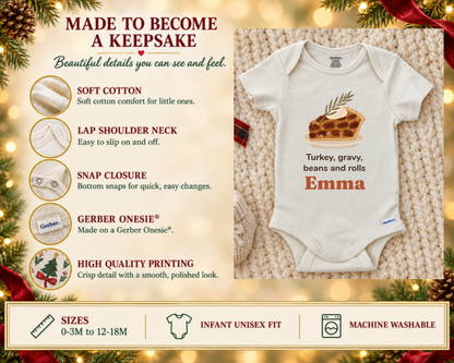 Hand-painted pecan pie personalized Thanksgiving baby onesie