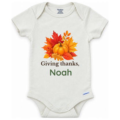 Giving Thanks autumn leaves and pumpkin personalized Thanksgiving baby onesie