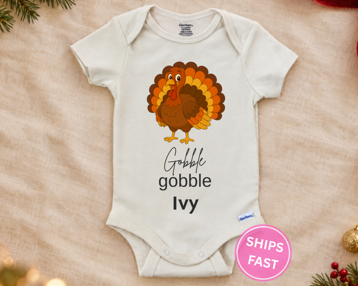 Gobble turkey personalized Thanksgiving baby onesie