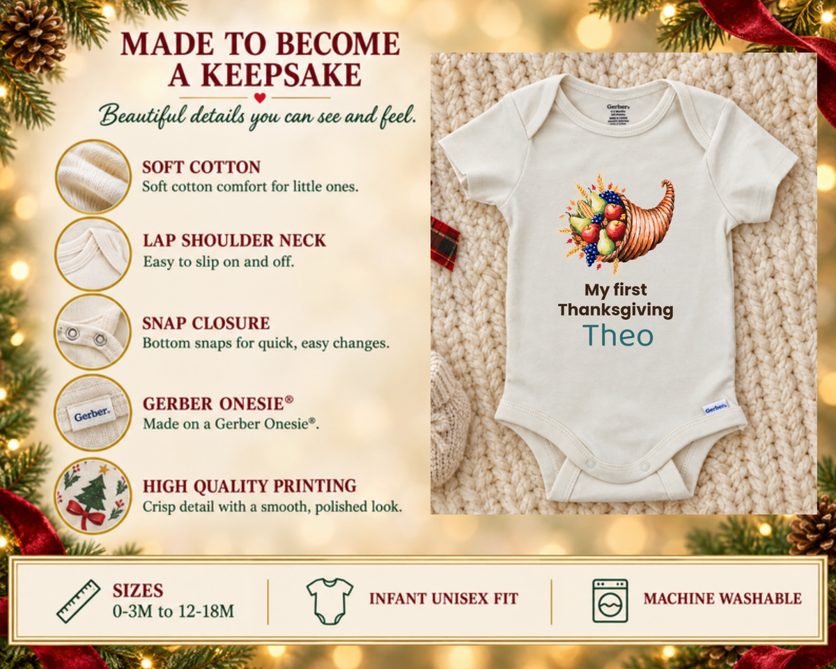 My First Thanksgiving cornucopia personalized baby onesie