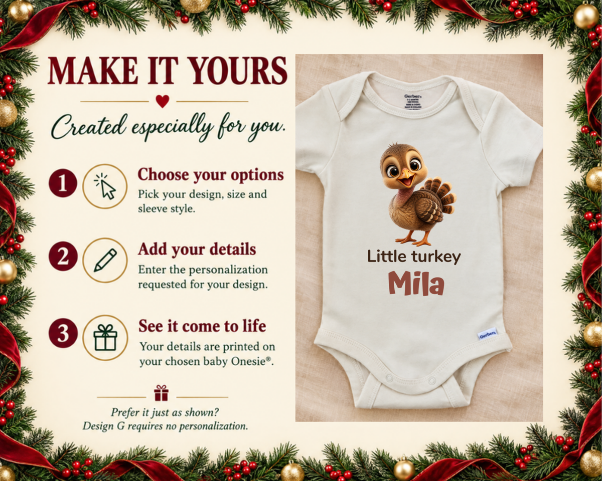 Little turkey personalized Thanksgiving baby onesie