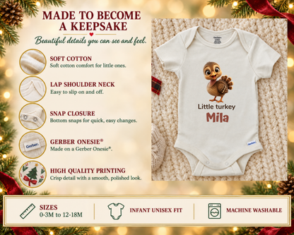 Little turkey personalized Thanksgiving baby onesie