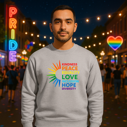 LGBTQ Equality Shirt, Pride Month Crewneck Sweatshirt, Kindness Peace Love Pride Sweater, Rainbow Gay Pride Clothing, Unisex Pride Gift