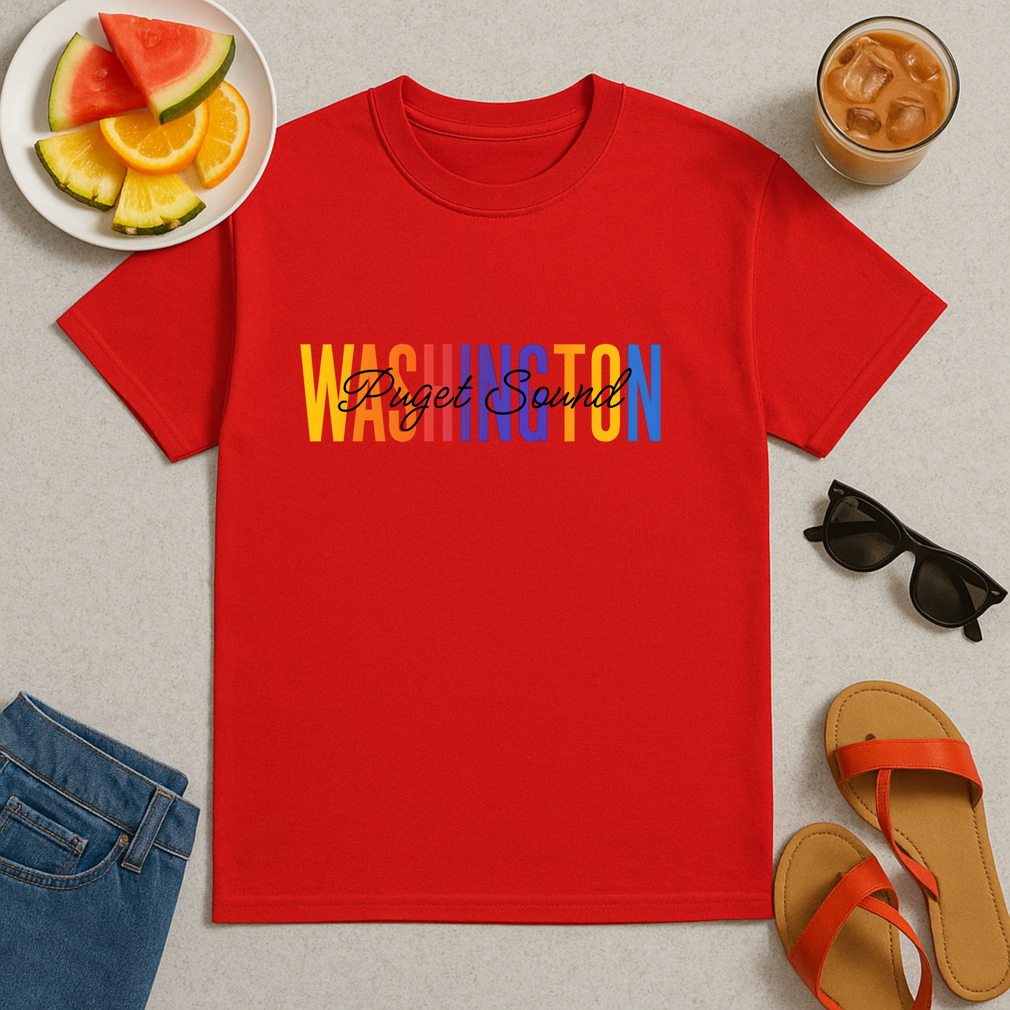 Colorful Puget Sound Washington Tee, Unisex Cotton Shirt, Tacoma Souvenir, Puget Sound Gift, Washington Souvenir