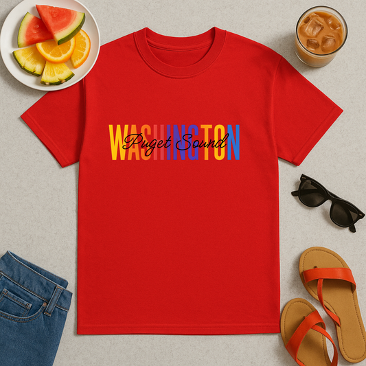 Colorful Puget Sound Washington Tee, Unisex Cotton Shirt, Tacoma Souvenir, Puget Sound Gift, Washington Souvenir