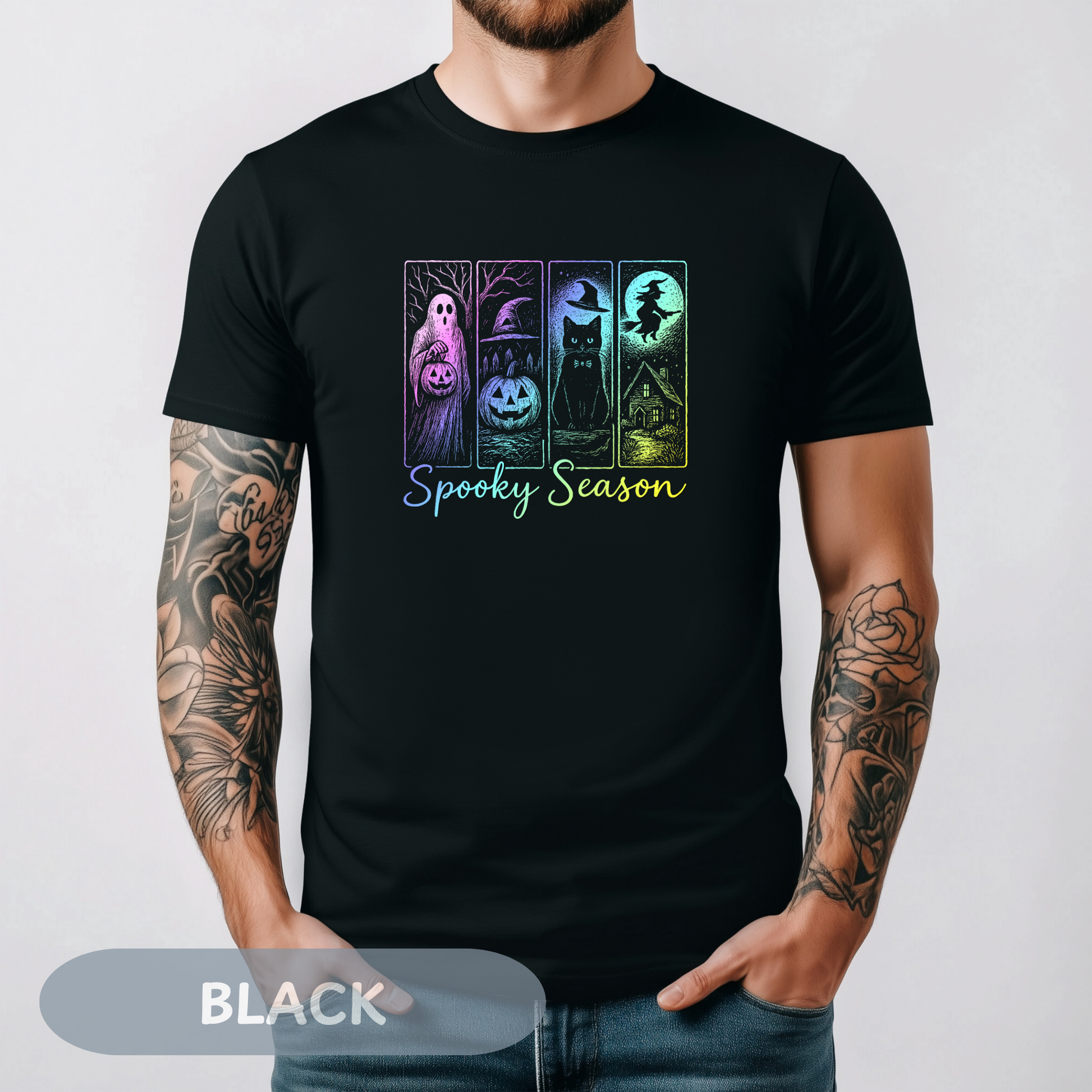 Black Halloween Pumpkin Shirt with colorful spooky season design, featuring ghosts, pumpkins, and a witch.