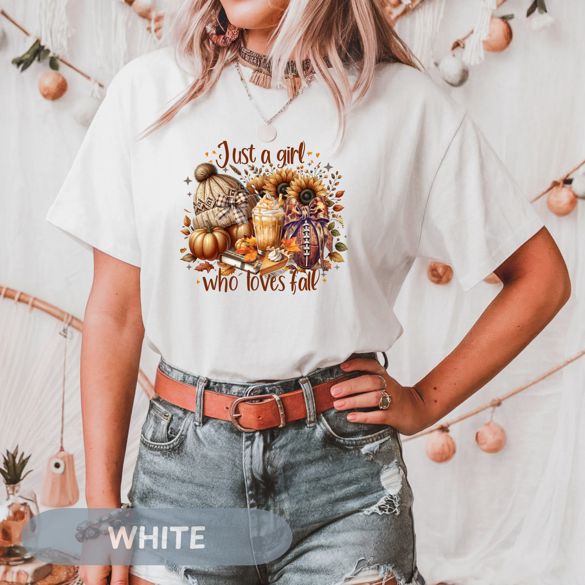 Fall-themed unisex tee featuring 'Just a Girl Who Loves Fall' design, perfect for autumn wear.