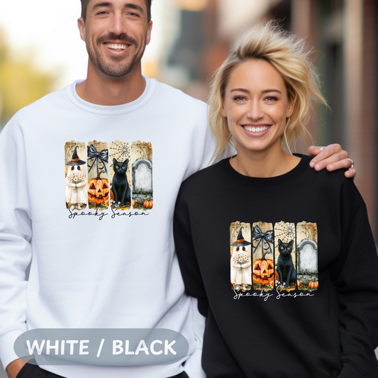 Couple wearing Spooky Season sweatshirts in white and black, featuring Halloween-themed graphics and cozy fall style.