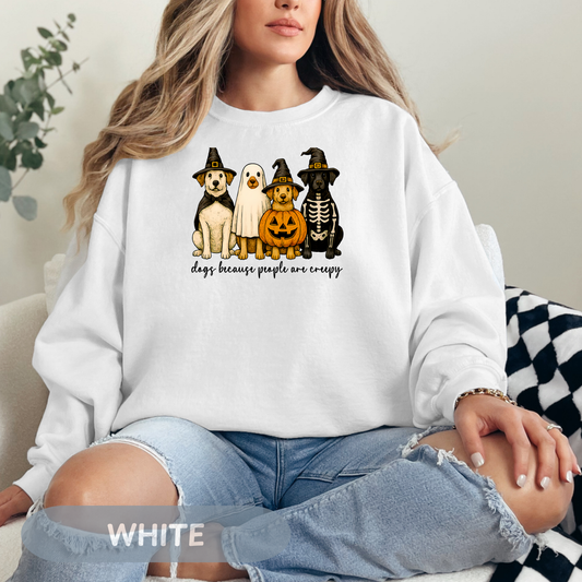 Woman wearing a Halloween dog lovers sweatshirt with ghosts and pumpkins design, perfect for festive autumn vibes.
