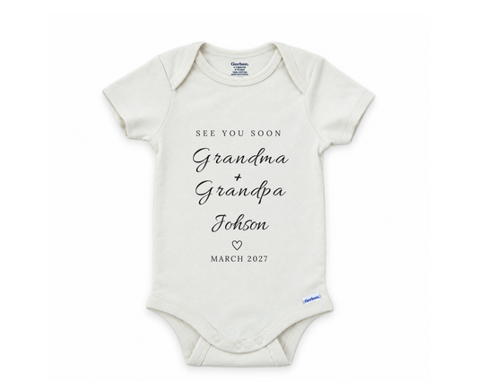 DESIGN C - See You Soon Grandma and Grandpa personalized baby announcement bodysuit design