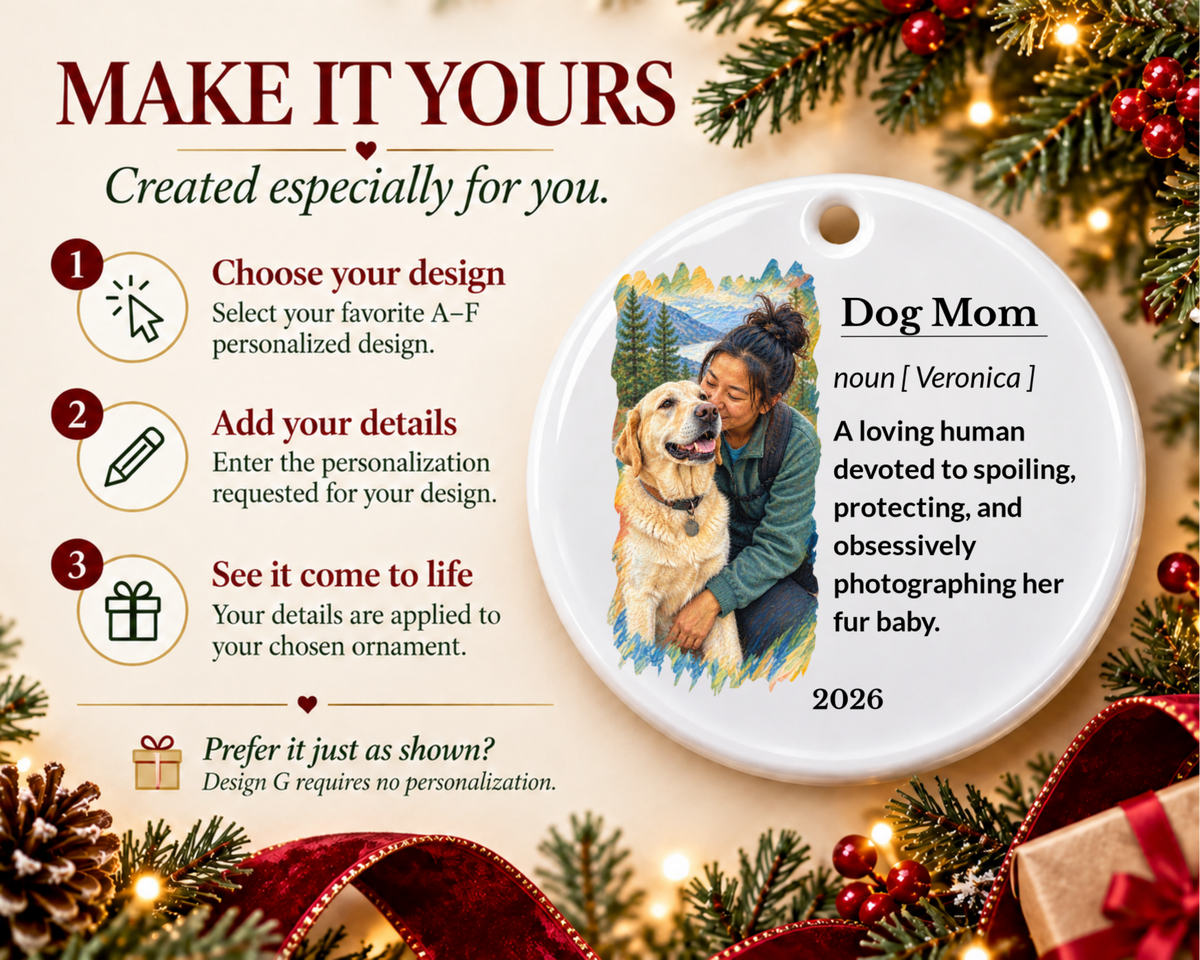 Personalized Dog Mom Ornament, Personalized Christmas Ornament, Dog Mom Gift, Custom Pet Ornament, Ceramic Ornament, Pet Christmas Ornament