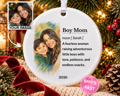 Personalized Boy Mom Ornament, Custom Ornament, Boy Mom Gifts, Family Ornament, Ceramic Ornament, Stocking Stuffer, Name Ornament