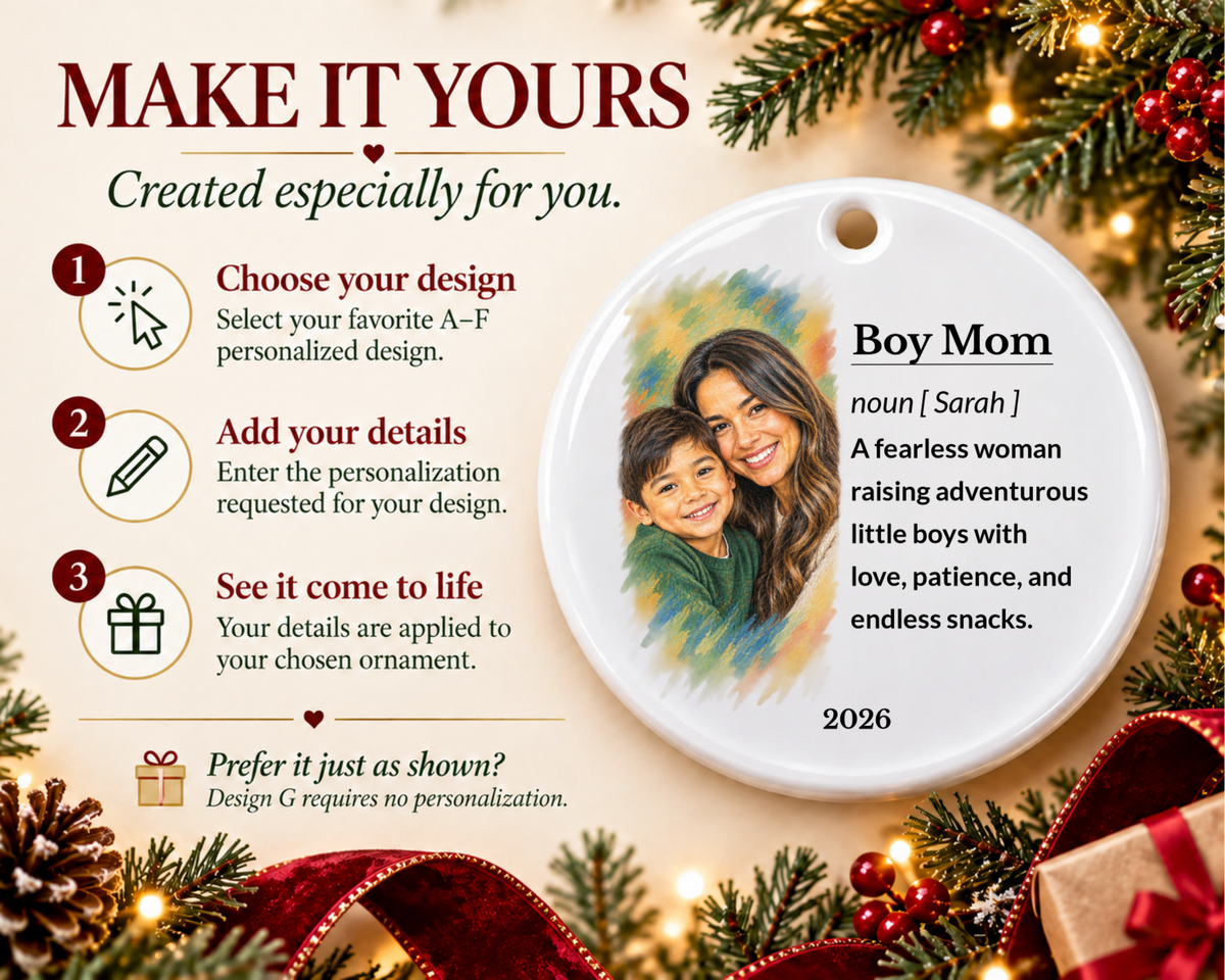 Personalized Boy Mom Ornament, Custom Ornament, Boy Mom Gifts, Family Ornament, Ceramic Ornament, Stocking Stuffer, Name Ornament