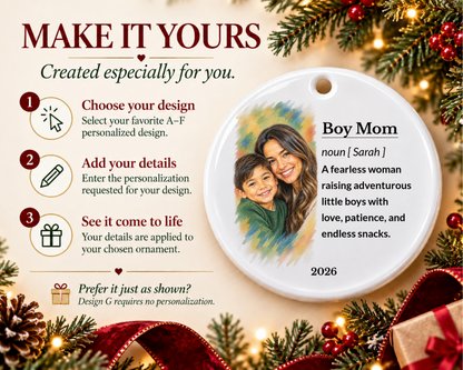 Personalized Boy Mom Ornament, Custom Ornament, Boy Mom Gifts, Family Ornament, Ceramic Ornament, Stocking Stuffer, Name Ornament