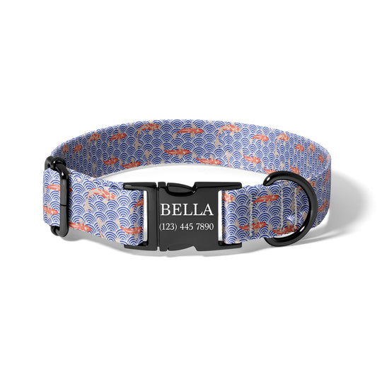 Japanese Seigaiha Koi Personalized Dog Collar with Engraved Adjustable Buckle RET-617-06