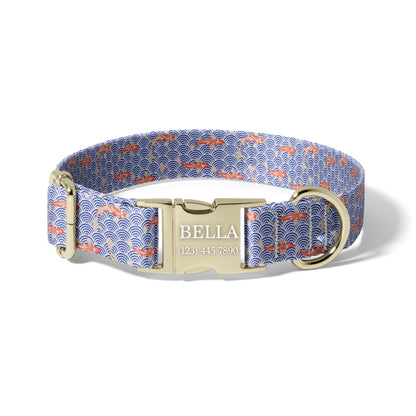 Japanese Seigaiha Koi Personalized Dog Collar with Engraved Adjustable Buckle RET-617-06