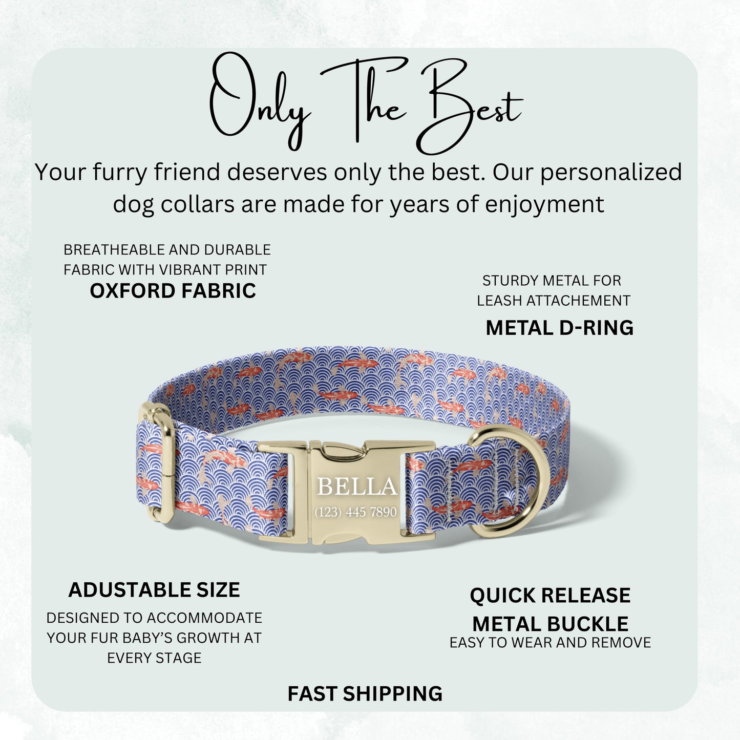 Japanese Seigaiha Koi Personalized Dog Collar with Engraved Adjustable Buckle RET-617-06