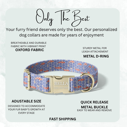 Japanese Seigaiha Koi Personalized Dog Collar with Engraved Adjustable Buckle RET-617-06