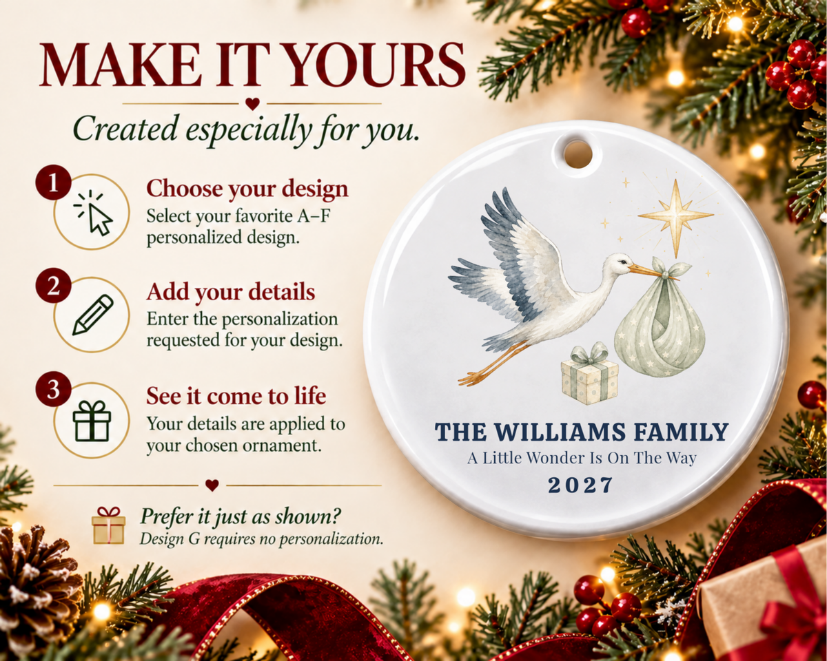 Personalized Pregnancy Announcement Ornament: Custom Stork Baby Keepsake, Expecting Parents Gift, Family Name Baby Announcement Christmas