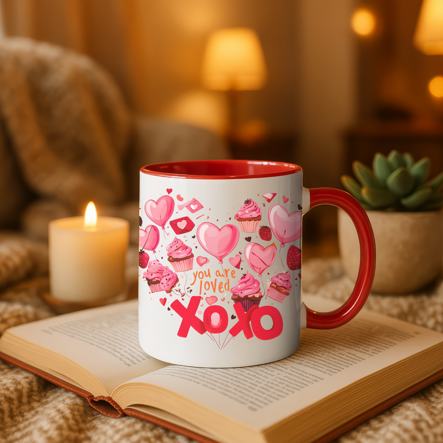 Valentine's Day Accent Coffee Mug, Cute Love Mug, Gift for Her, Heart Design, XOXO Mug for Couples, Romantic Coffee Cup
