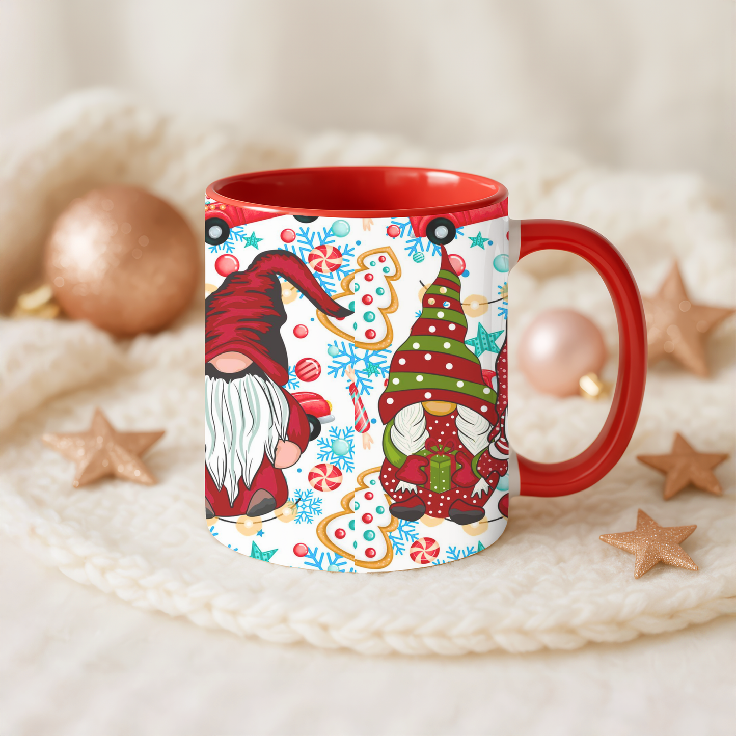 Festive Christmas gnome coffee mug with gingerbread design and snowflakes, perfect for holiday enjoyment.