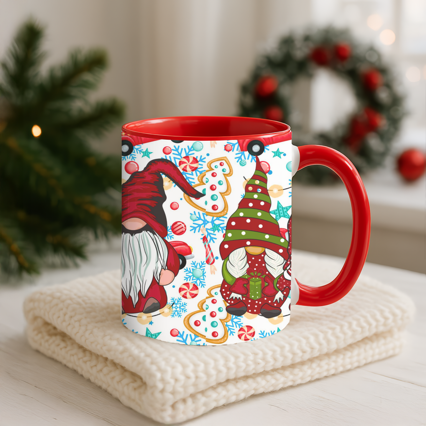 Festive Christmas gnome coffee mug with gingerbread design and snowflakes, perfect for holiday enjoyment.