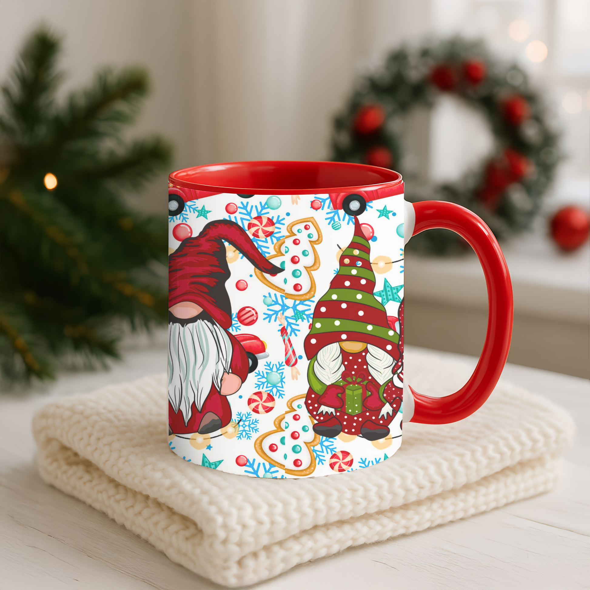 Festive Christmas gnome coffee mug with gingerbread design and snowflakes, perfect for holiday enjoyment.