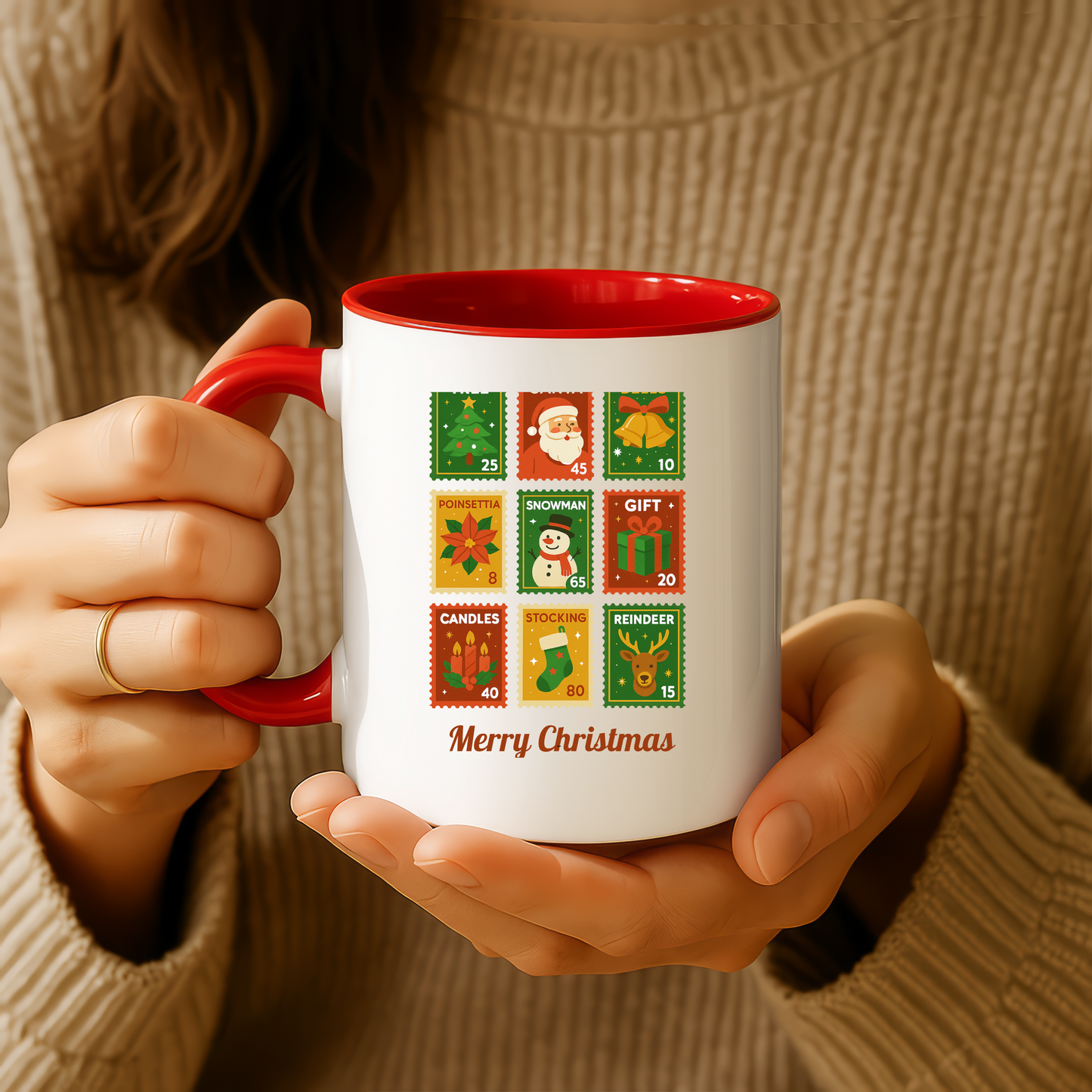 Colorful Holiday Stamp Mug, Festive Mug, Hot Cocoa Mug, Gift for Her, Secret Santa Gift, Stamp Collector, Christmas Mug