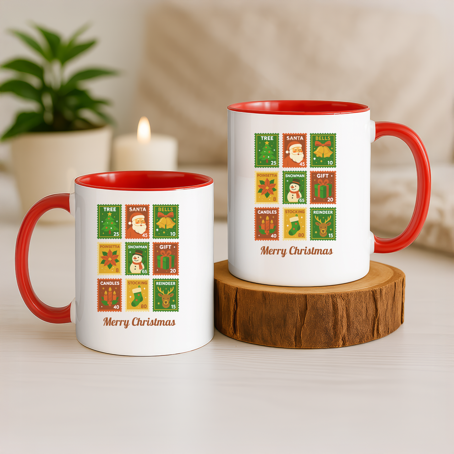 Colorful Holiday Stamp Mug, Festive Mug, Hot Cocoa Mug, Gift for Her, Secret Santa Gift, Stamp Collector, Christmas Mug