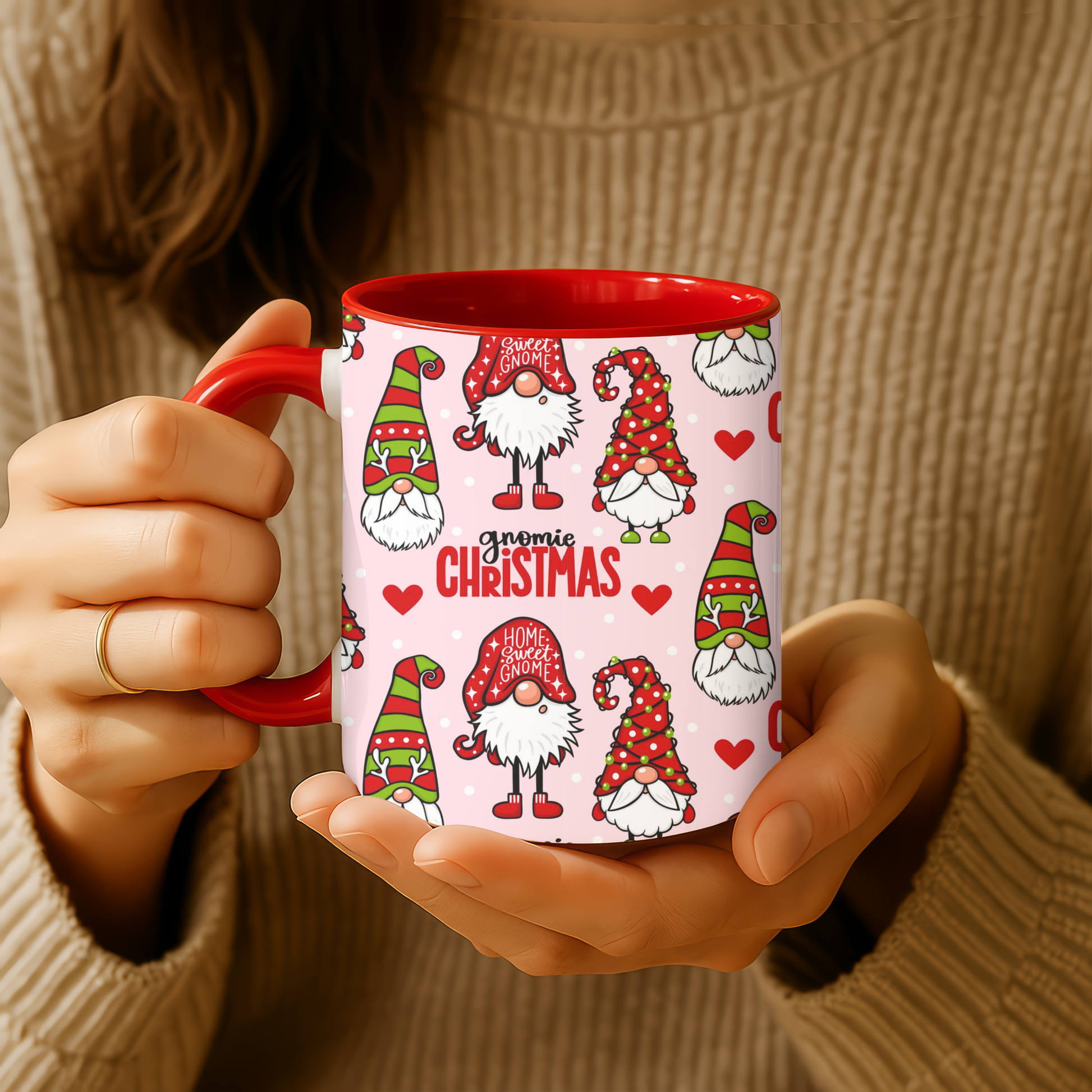 Festive Christmas gnome coffee mug with red handle, whimsical gnome designs, perfect for holiday cheer, held in hands.