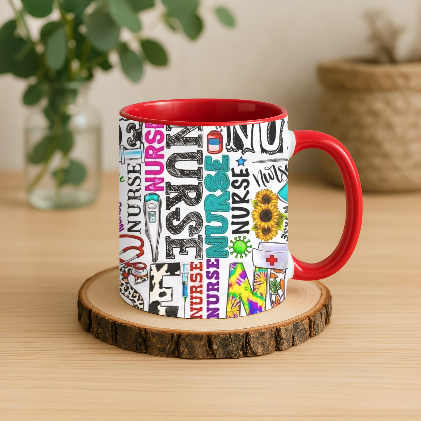 Colorful nurse coffee mug held by hands, ideal gift for nurse appreciation or nursing students.