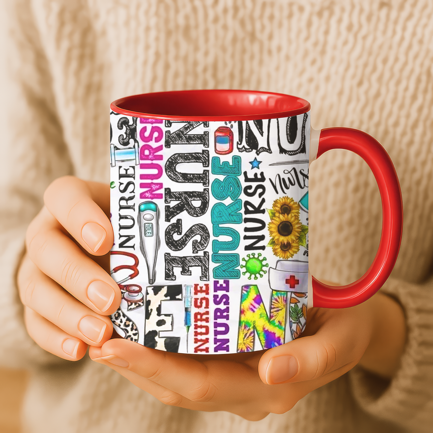 Colorful nurse coffee mug held by hands, ideal gift for nurse appreciation or nursing students.