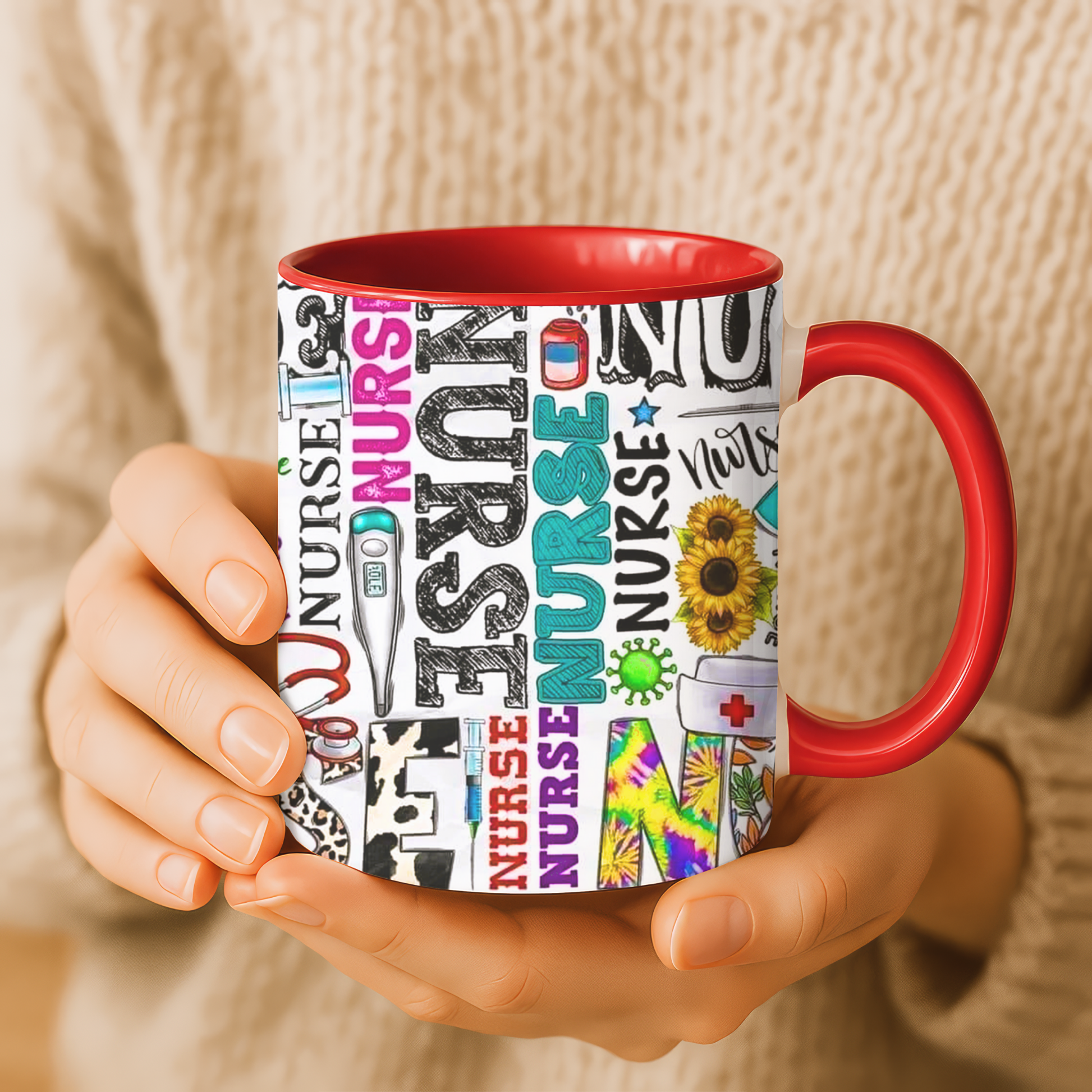 Colorful nurse coffee mug held by hands, ideal gift for nurse appreciation or nursing students.