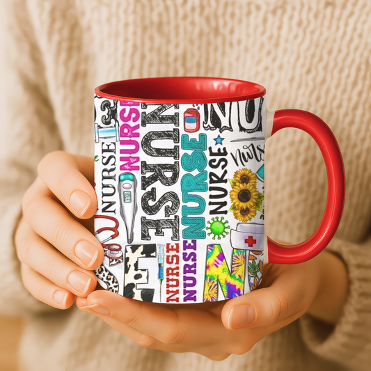 Colorful nurse coffee mug held by hands, ideal gift for nurse appreciation or nursing students.