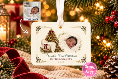 Baby's First Christmas Ornament 2026, Personalized Baby Name Photo Keepsake, Newborn Gift for Baby Boy or Girl, Custom Holiday Decor