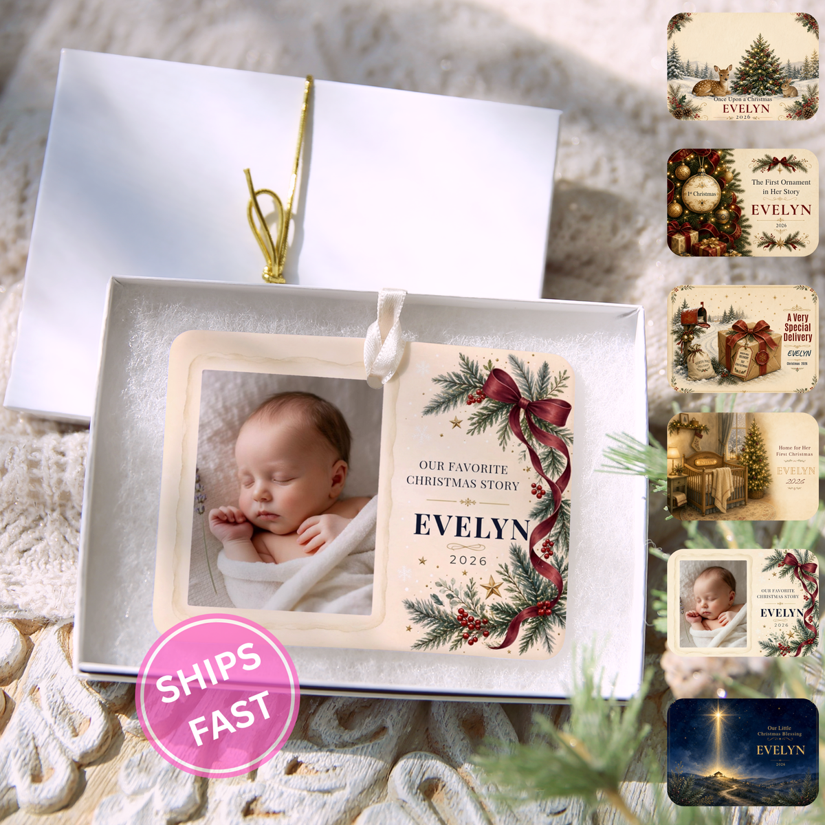 Personalized Baby’s First Christmas Photo Ornament – Evergreen Keepsake