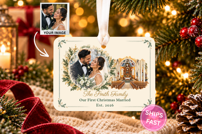 Church Wedding Christmas Ornament, First Christmas Married Ornament 2026, Personalized Newlywed Gift, Ceramic Wedding Keepsake