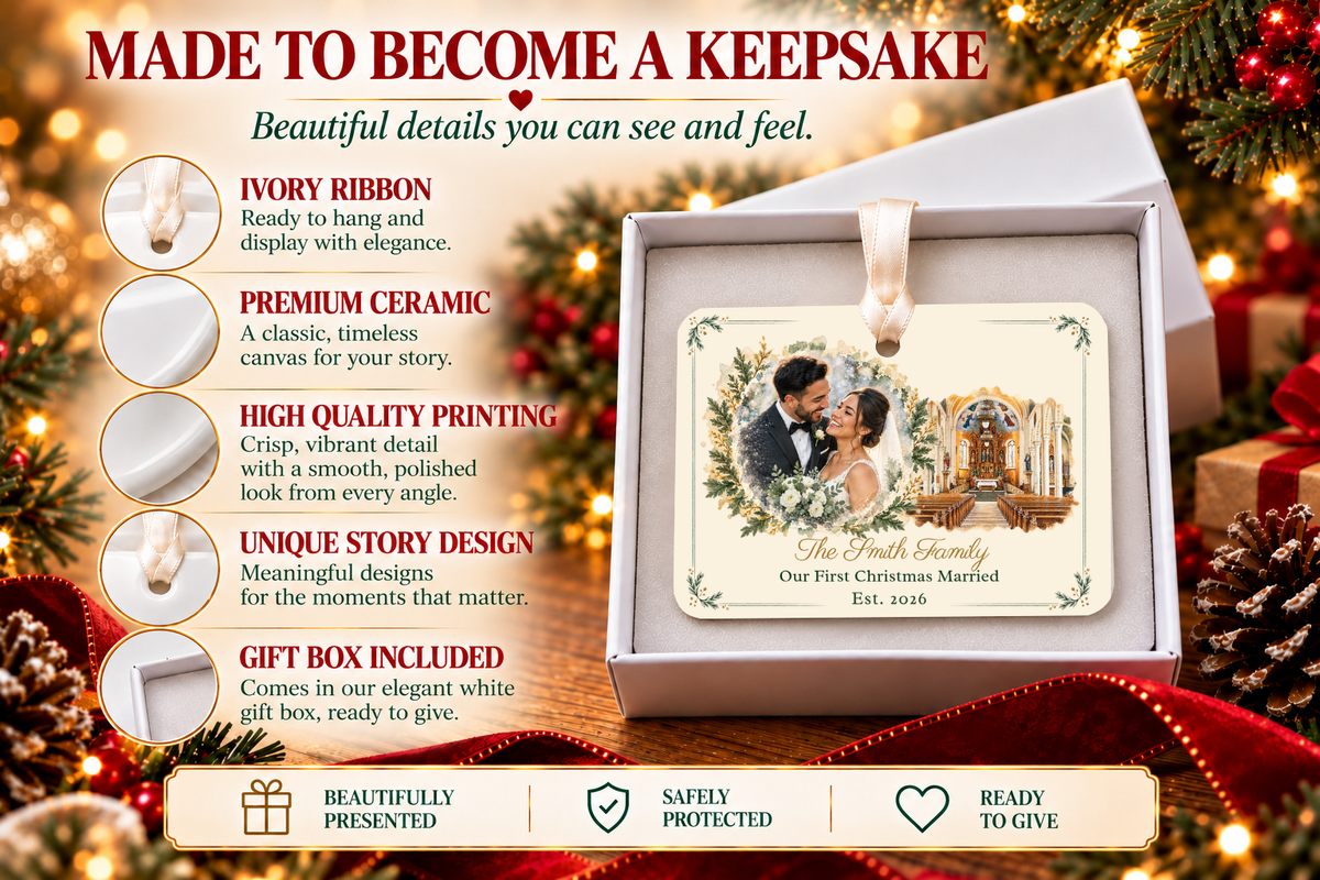 Church Wedding Christmas Ornament, First Christmas Married Ornament 2026, Personalized Newlywed Gift, Ceramic Wedding Keepsake