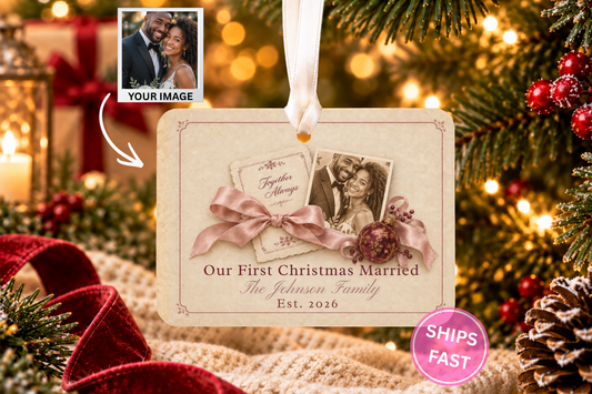Vintage Wedding Christmas Ornament, First Christmas Married Ornament 2026, Personalized Newlywed Gift, Ceramic Wedding Keepsake