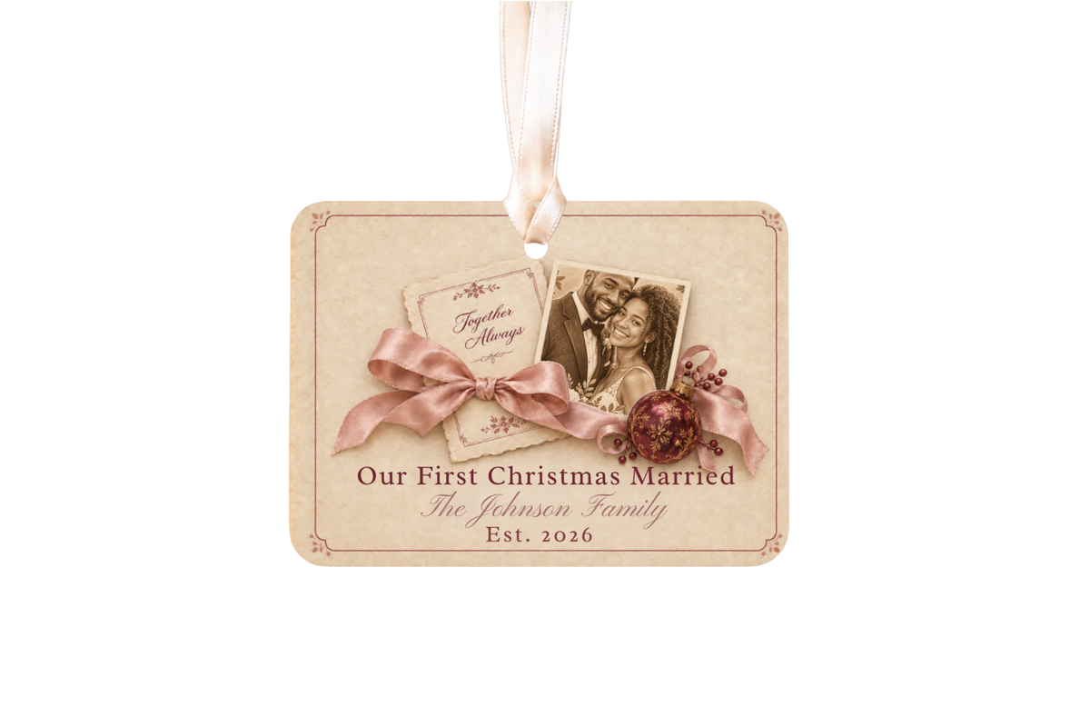 Vintage Wedding Christmas Ornament, First Christmas Married Ornament 2026, Personalized Newlywed Gift, Ceramic Wedding Keepsake