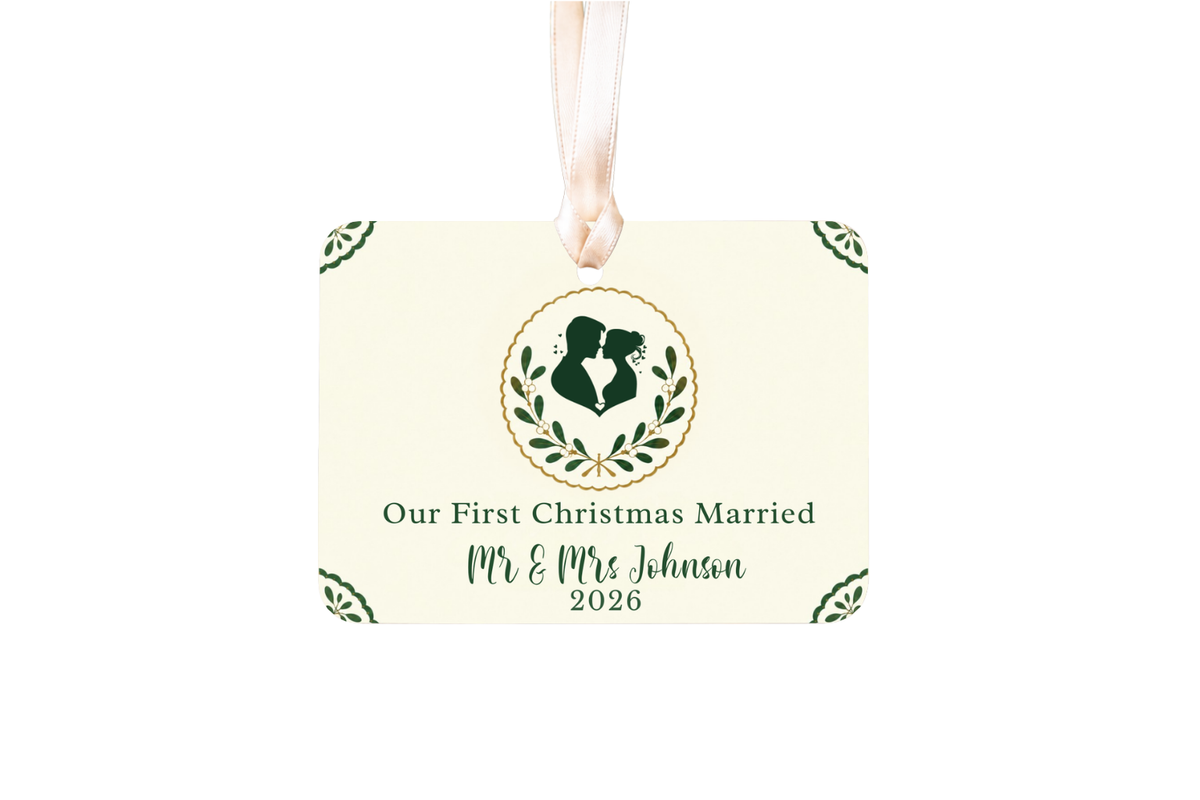 Vintage Wedding Christmas Ornament, First Christmas Married Ornament 2026, Personalized Newlywed Gift, Ceramic Wedding Keepsake