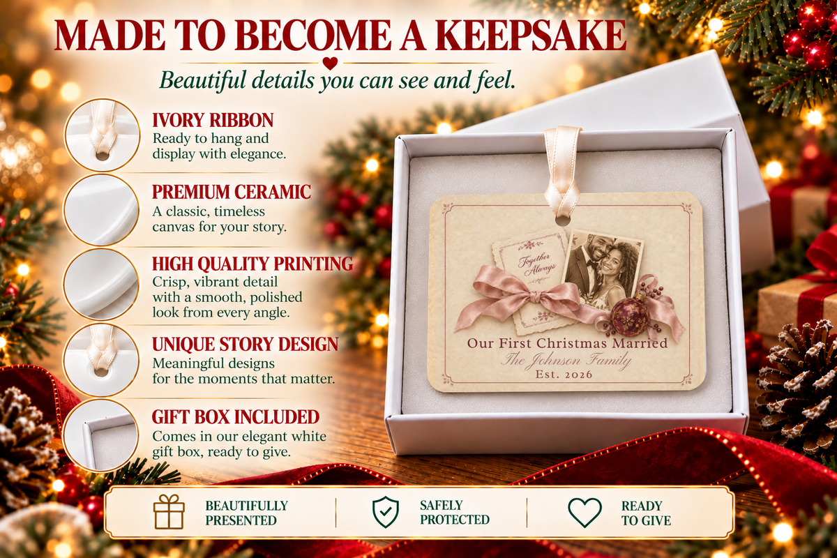Vintage Wedding Christmas Ornament, First Christmas Married Ornament 2026, Personalized Newlywed Gift, Ceramic Wedding Keepsake