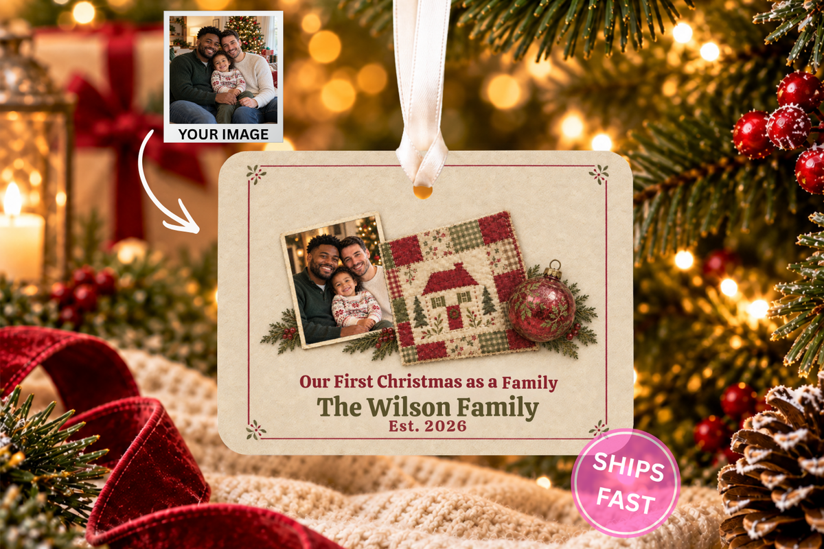 Patchwork Quilt Home personalized 4 x 3 in ceramic Christmas ornament